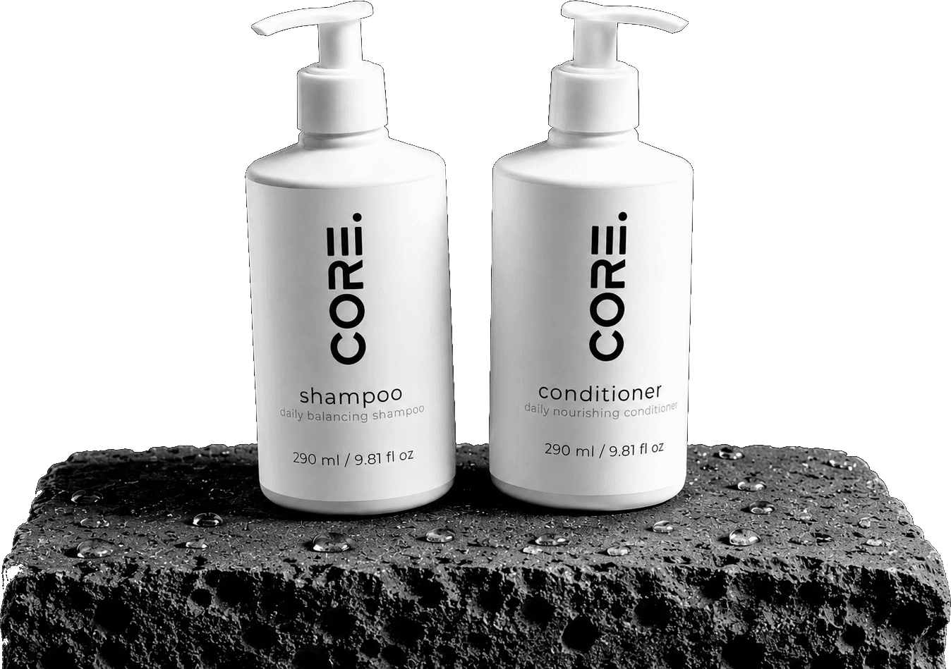 CORE. shampoo and conditioner duo on volcanic rock